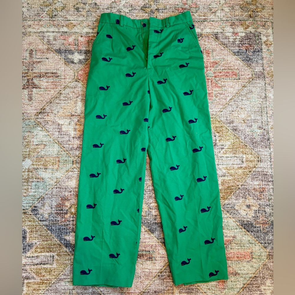 Vintage Preppy Green Pants with Blue Whale Pattern